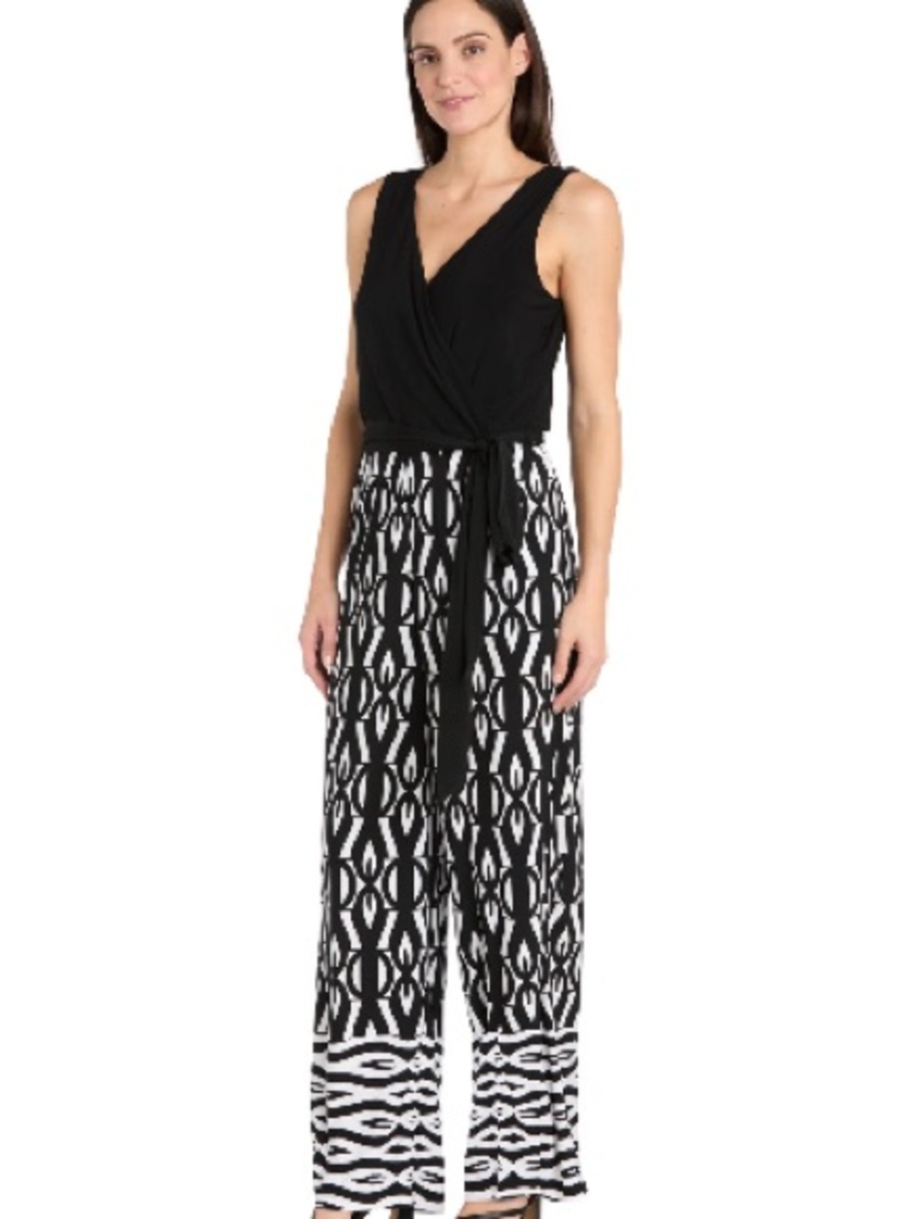 Black & White Sleeveless Wrap Jumpsuit with Graphic Wide-Leg Pants